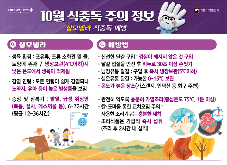 [참 잘하는 정부 더 편안한 국민, 식품의약품안전처]
10월 식중동 주의 정보 살모넬라 식중독 예방

*살모넬라
- 생육 환경 : 포유류, 조류 소화관 및 물, 토양에 존재 / 냉장보관(4℃이하)시 낮은 온도에서 생육이 억제됨
- 감염 연령 : 모든 연령이 쉽게 감염되나 노약자, 유아 등이 높은 발생률을 보임
- 증상 및 잠복기 : 발열, 급성 위장염(복통, 설사, 메스꺼움 등), 6~72시간(평균 12~36시간)

*예방법
- 신선한 달걀 구입 : 껍질이 깨지지 않은 것 구입
-달걀 껍질을 만진 후 비누로 30초 이상 손씻기
- 냉장유통 달걀 : 구입 후 즉시 냉장보관(5℃이하)
- 실온유통 달걀 : 가능한 0~15℃ 보관
- 온도가 높은 장소(가스렌지, 인덕션 등 화구 주변) 보관금지
- 완전히 익도록 충분히 가열조리(중심온도 75℃ 1분이상)
- 칼·도마를 통한 교차오염 주의 : 사용한 조리기구는 충분한 세척
- 조리식품은 가급적 즉시 섭취(조리 후 2시간 내 섭취)